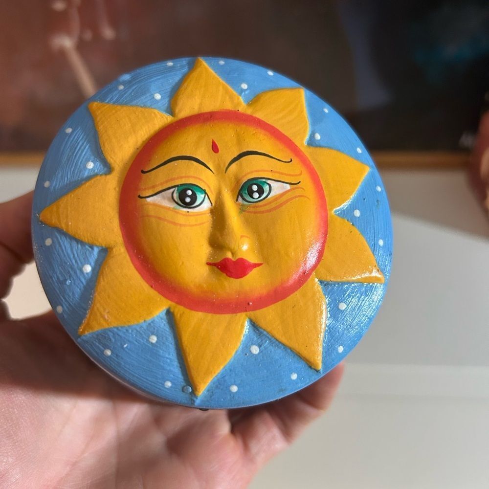 Celestial Painted Sun Blue Yellow Wood Round Trinket Box Jewelry